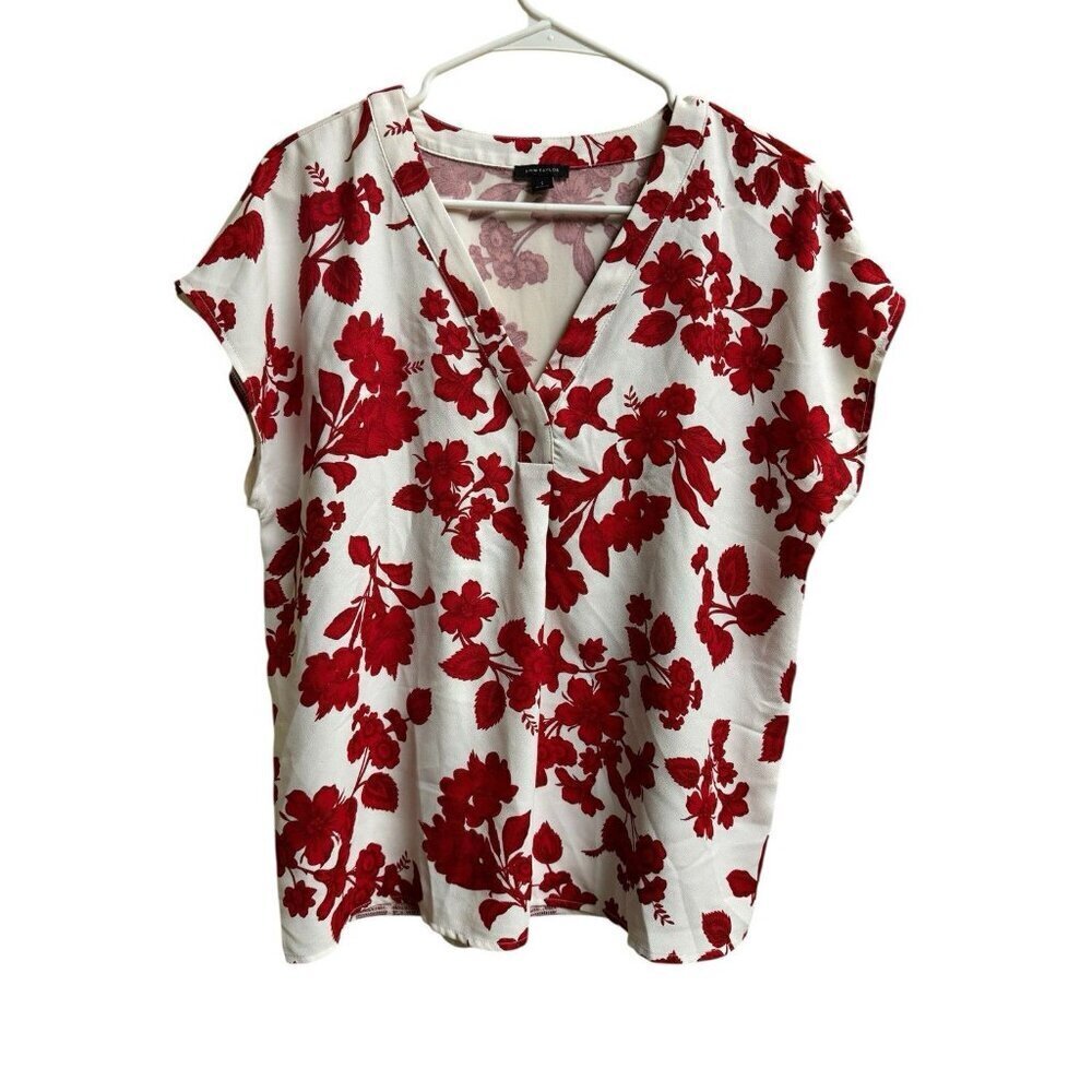 Ann Taylor Red Floral Blouse Small V Neck Cap Sleeve Office Career Top